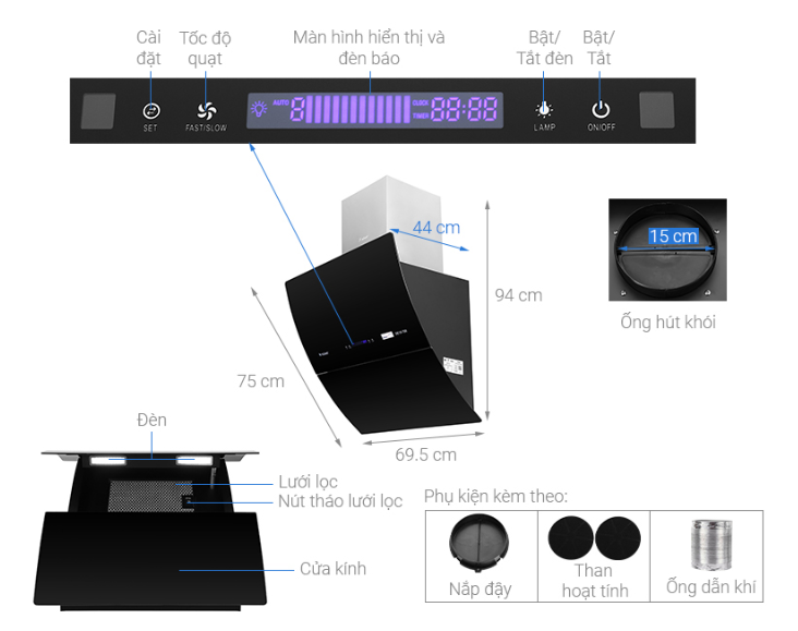 Máy hút khói kính vát Pramie DE19-700 ( Điều khiển cảm ứng vẫy tay )