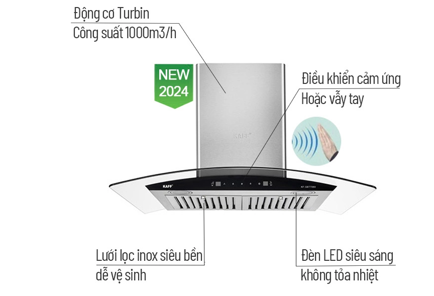 Máy hút khói, hút mùi kính cong KAFF KF-GBT7069 ( Điều khiển cảm ứng vẫy tay )