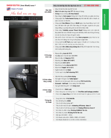 Máy rửa chén bát độc lập Eurosun SMS81EU75G ( Inox BLACK ) Serial 7