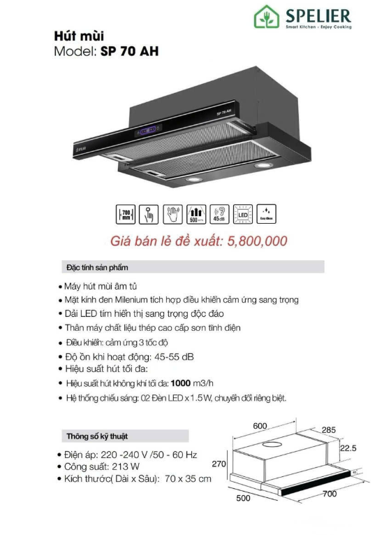 Máy hút khói, hút mùi âm tủ Spelier SP 70 AH (điều khiển cảm ứng vẫy tay)