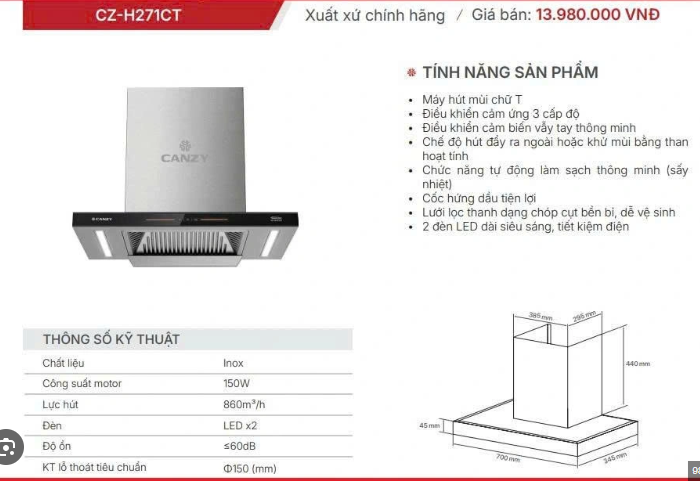 Máy hút khói, hút mùi kính ngang Canzy CZ- H270CT - H271CT (điều khiển cảm ứng vẫy tay)