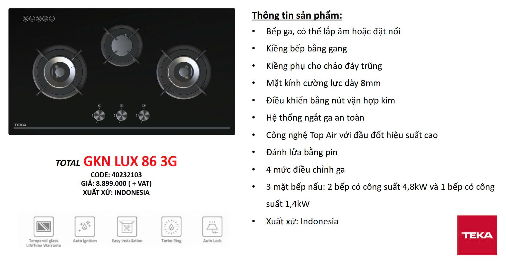 Bếp gas âm Teka GKN LUX 86 3G 40232103