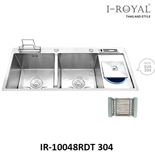 CHẬU RỬA CHÉN I-ROYAL 10048 2 HỘC CÂN CÓ CÀI DAO-THỚT-RÁC INOX 304 ĐÚC IR-10048RDT 304