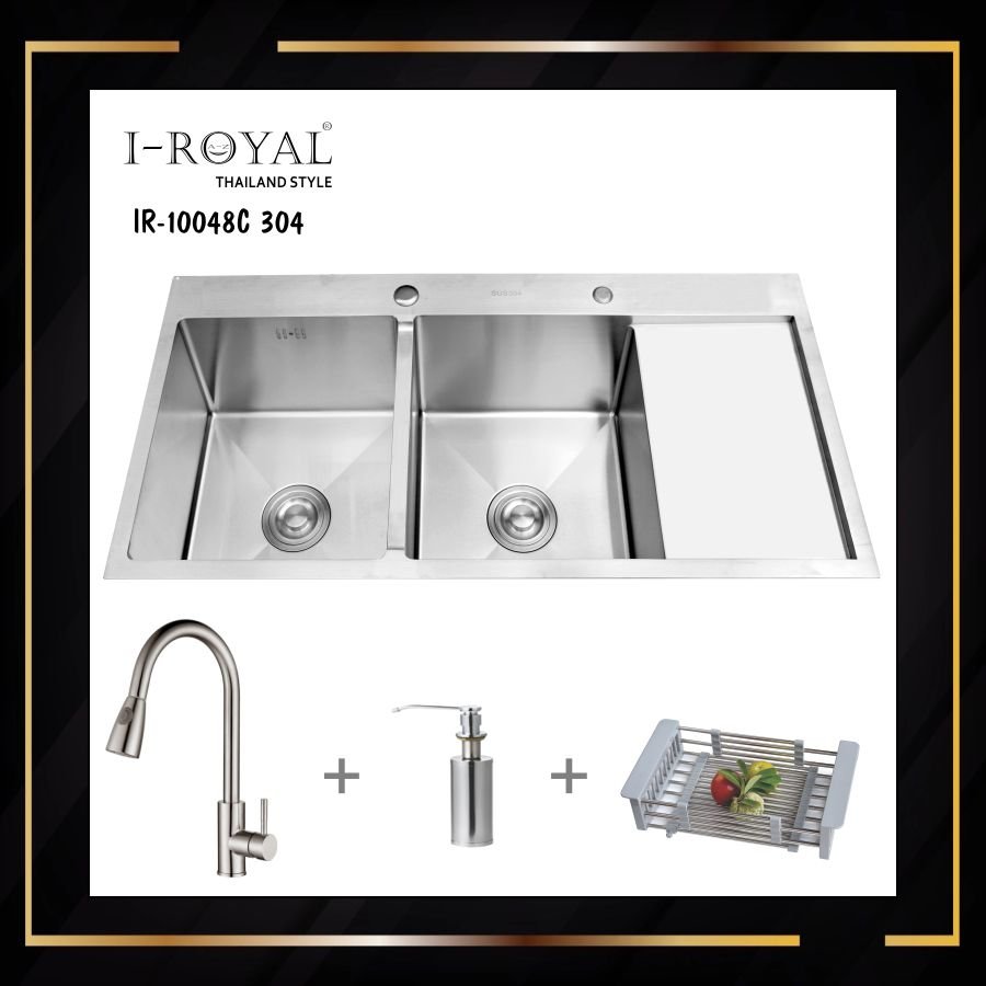 COMBO CHẬU RỬA CHÉN BÁT 2 HỘC CÂN CÓ CÁNH INOX 304 I-ROYAL IR-10048C 304