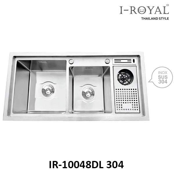 CHẬU RỬA CHÉN I-ROYAL 10048 2 HỘC LỆCH CÓ CÀI DAO-RỬA LY INOX 304 IR-10048DL 304
