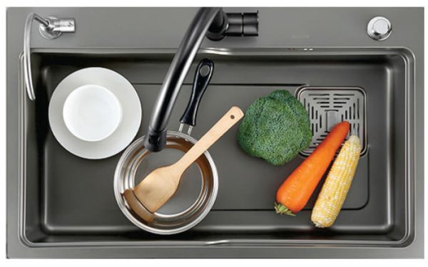 CHẬU RỬA CHÉN 7545 1 HỘC INOX MẠ NANO XÁM (THỚT GỖ + KHAY) I-ROYAL IR-7545NS GR