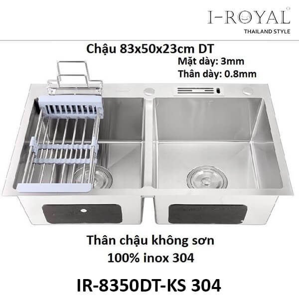 CHẬU RỬA CHÉN I-ROYAL 8350 2 HỘC CÂN CÓ CÀI DAO THỚT INOX 304 ĐÚC IR-8350DT-KS 304