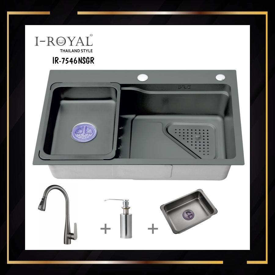 COMBO CHẬU RỬA CHÉN I-ROYAL 7546 1 HỘC INOX PHỦ NANO IR-7546NSGR
