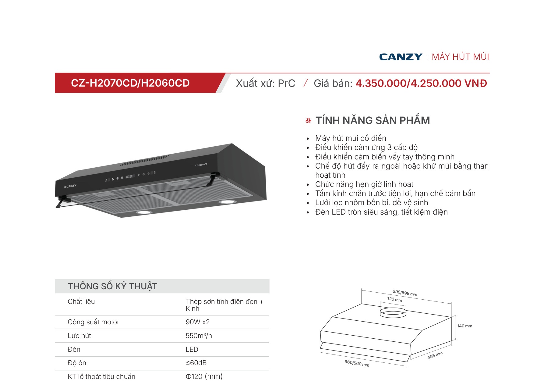Máy hút khói, hút mùi cổ điển Canzy CZ H2060CD (điều khiển cảm biến vẫy tay)