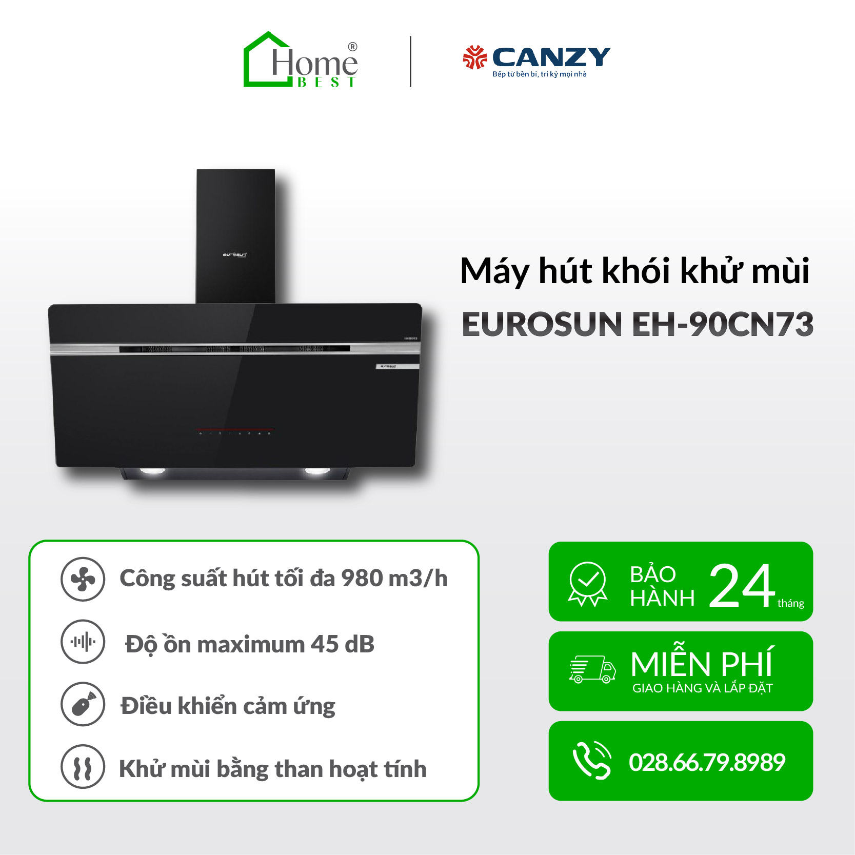 Máy hút khói, hút mùi kính vát Eurosun EH - 90CN73