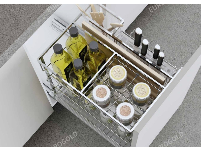 Giá dao thớt nan dẹt inox mờ, ray giảm chấn Eurogold EP20F