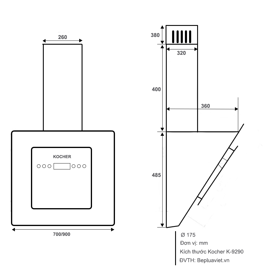 Máy hút khói, hút mùi kính vát Kocher K - 9290 (90cm)