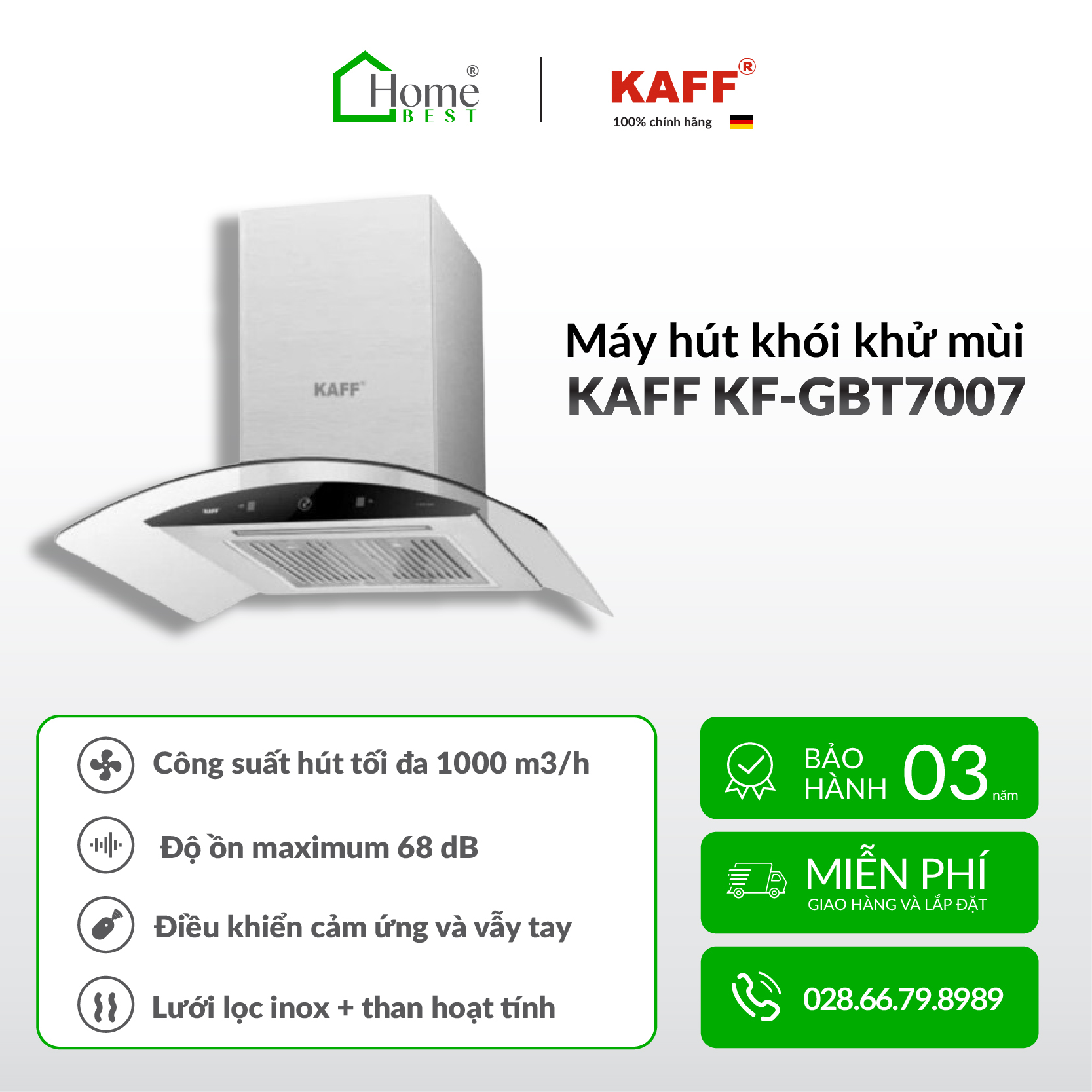 Máy hút khói, hút mùi kính cong KAFF KF-GBT7007 ( Điều khiển cảm ứng vẫy tay )