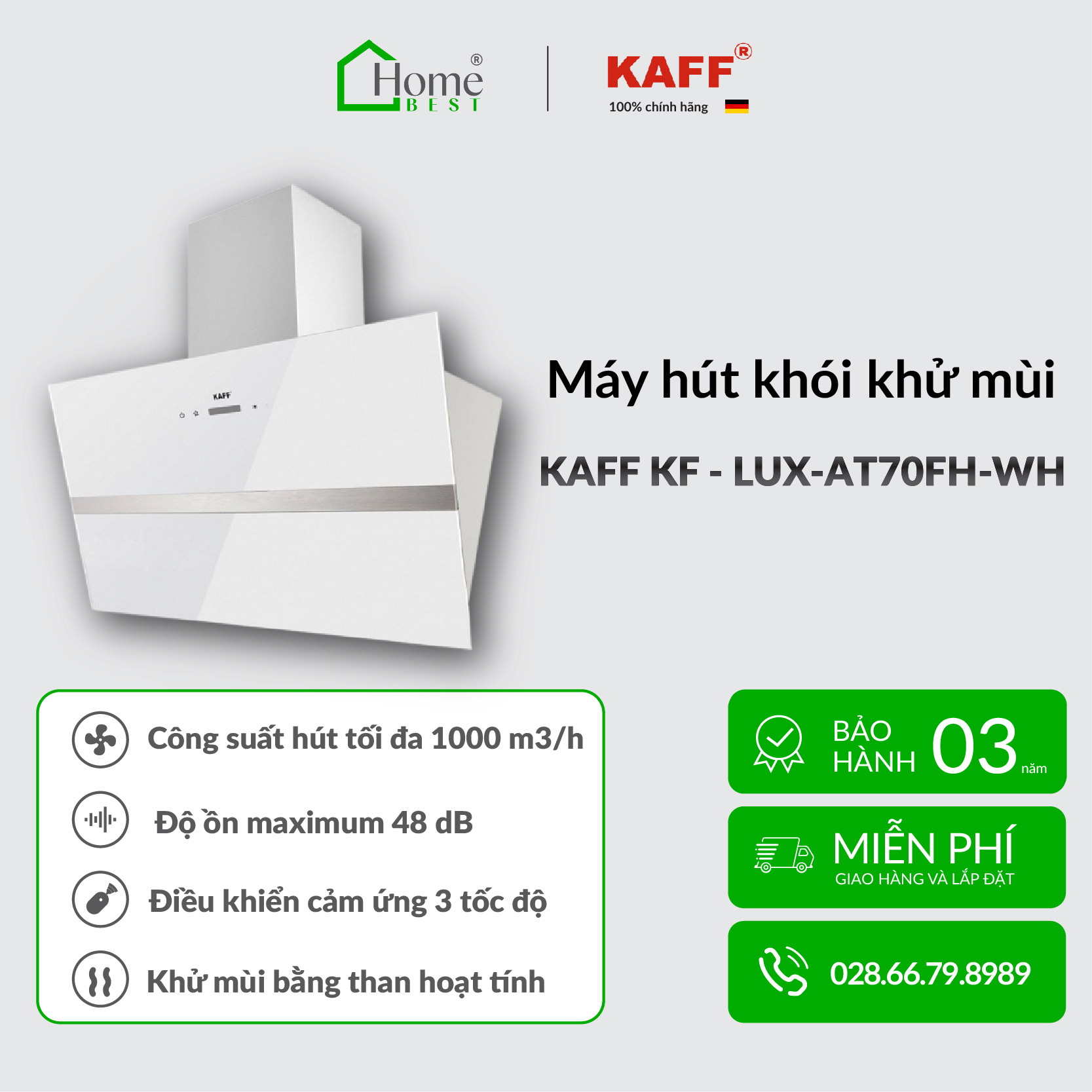 Máy hút khói, hút mùi kính vát KAFF KF-LUX-AT70FH-WH