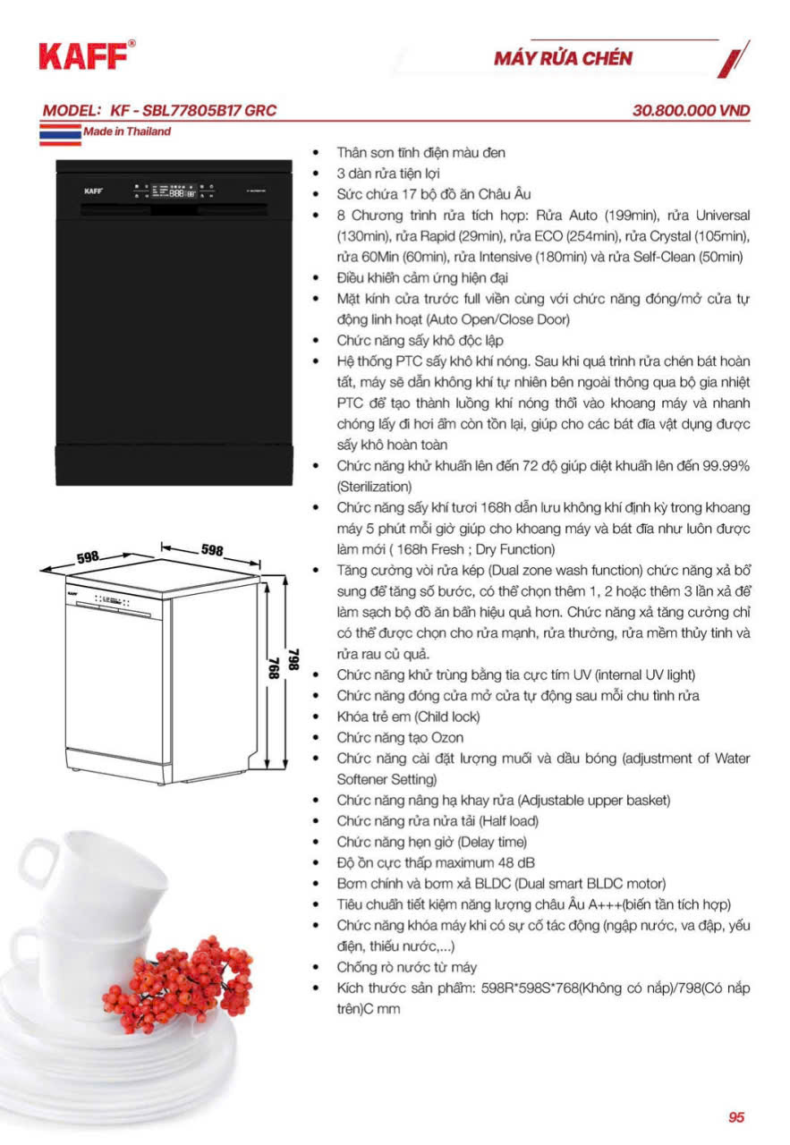 Máy rửa chén bát Kaff KF-SBL77805B17 GRC - Sấy PTC Tự động (New 2026)