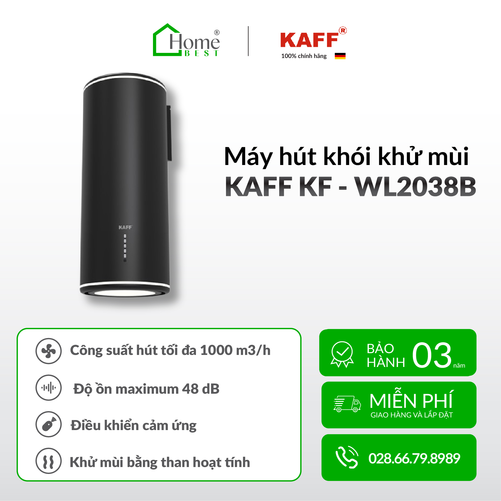 Máy hút khói, hút mùi hình trụ tròn áp tường KAFF KF - WL2038B