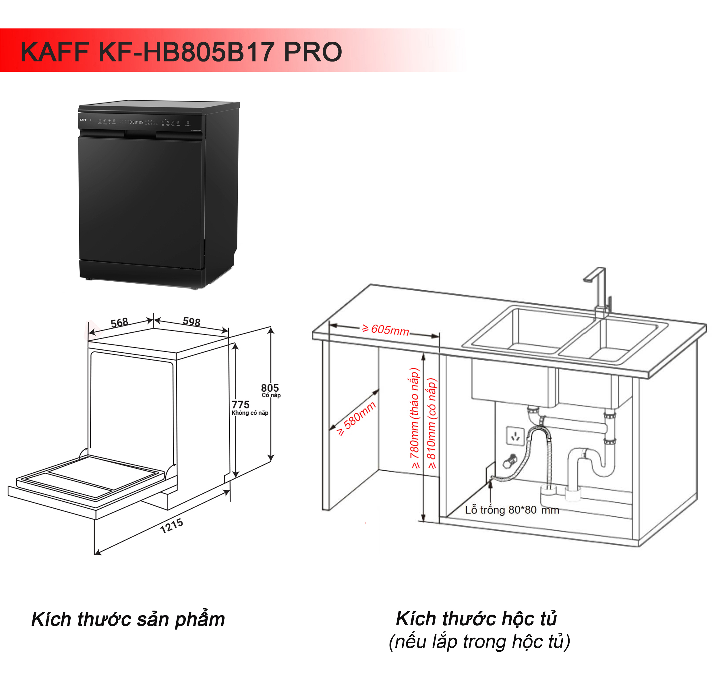 Máy rửa chén bát Kaff KF-HB805B17 Pro ( Công Nghệ Sấy PTC )