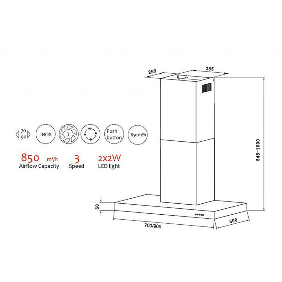 Máy hút khói, hút mùi kính ngang Tomate TOM 3023