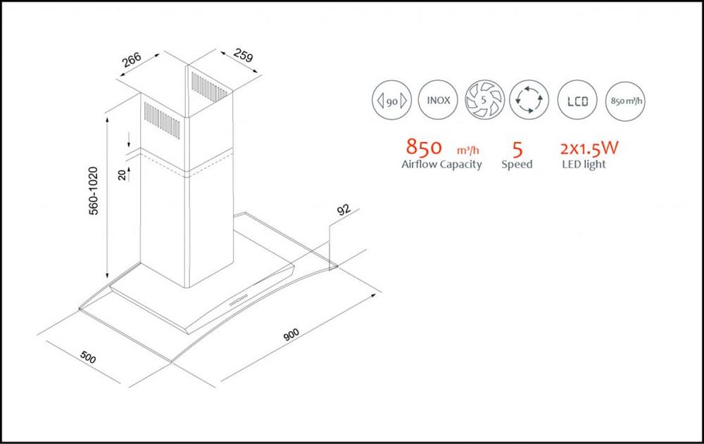 Máy hút khói, hút mùi kính cong Tomate TOM 3155