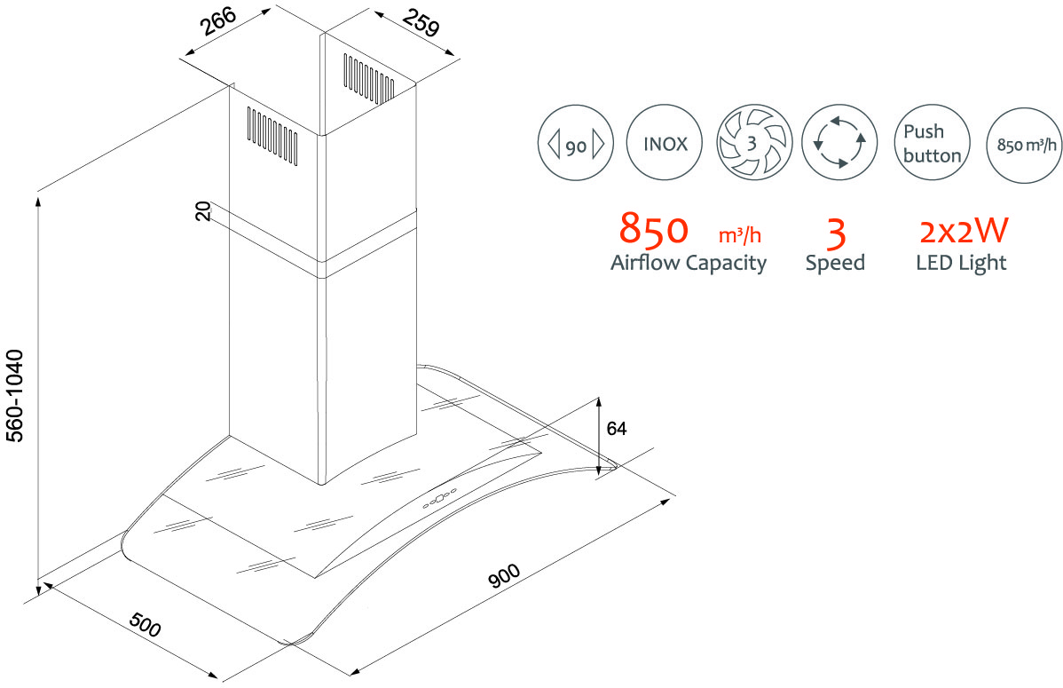 Máy hút khói, hút mùi kính cong Tomate TOM 3159