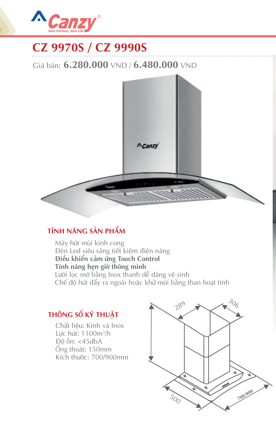 Máy hút khói, hút mùi kính cong Canzy CZ 9970S ( điều khiển cảm ứng vẫy tay )