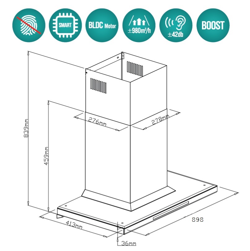 Máy hút khói, hút mùi kính ngang GrandX GX H90T81B (GX H90T81SB)