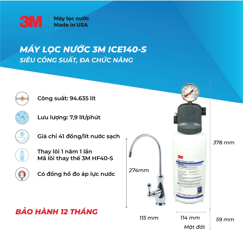 Máy Lọc Nước Lắp Dưới Bồn Rửa 3M ICE140-S Kèm Vòi 3M
