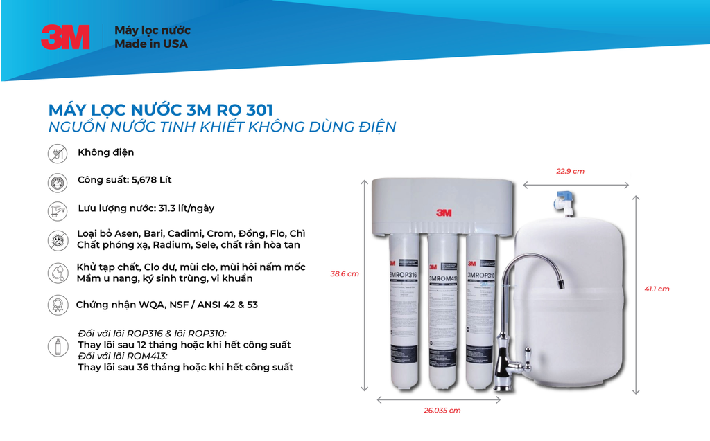 Máy Lọc Nước Lắp Dưới Bồn Rửa Không Dùng Điện 3M RO301
