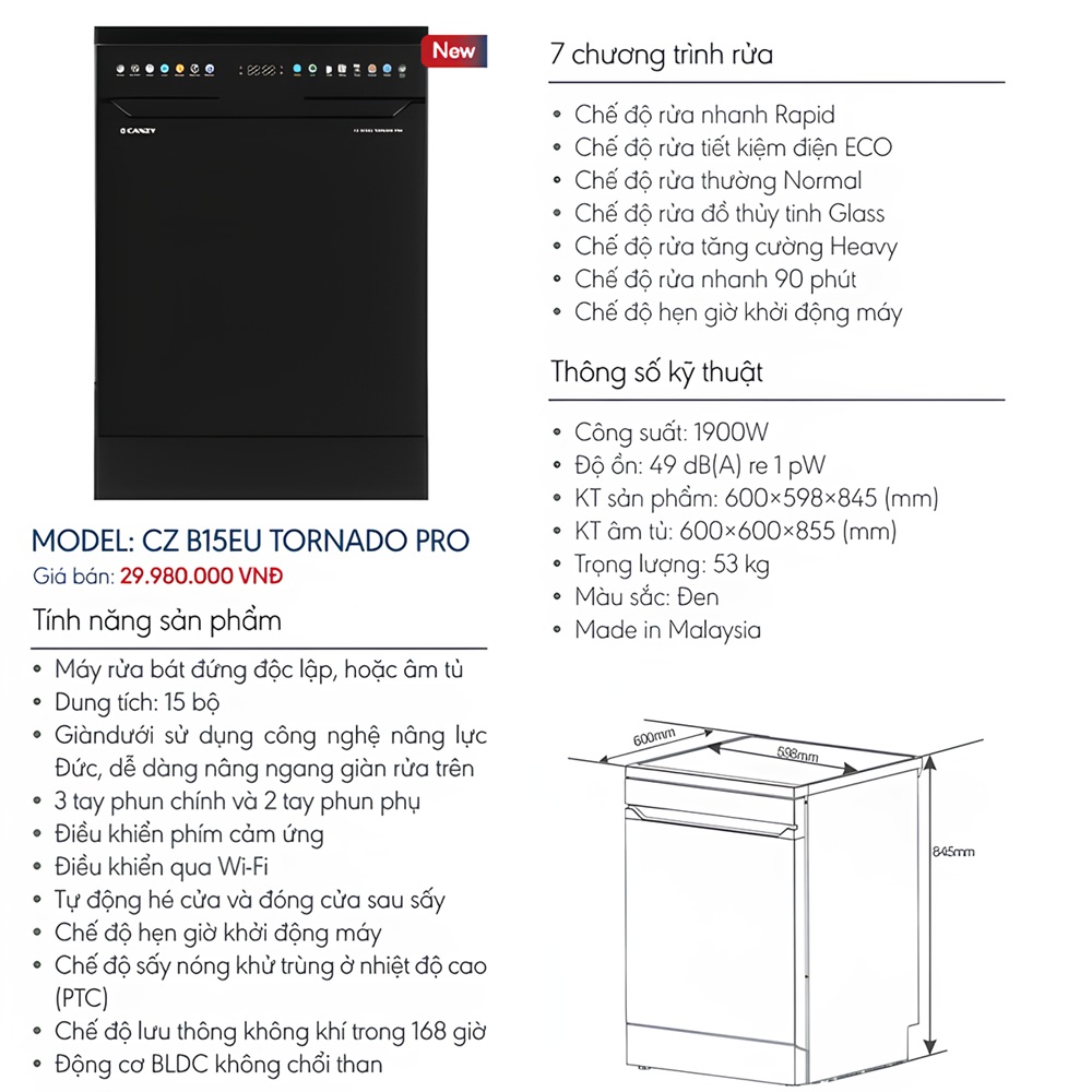Máy rửa chén Canzy CZ B15EU TORNADO PRO