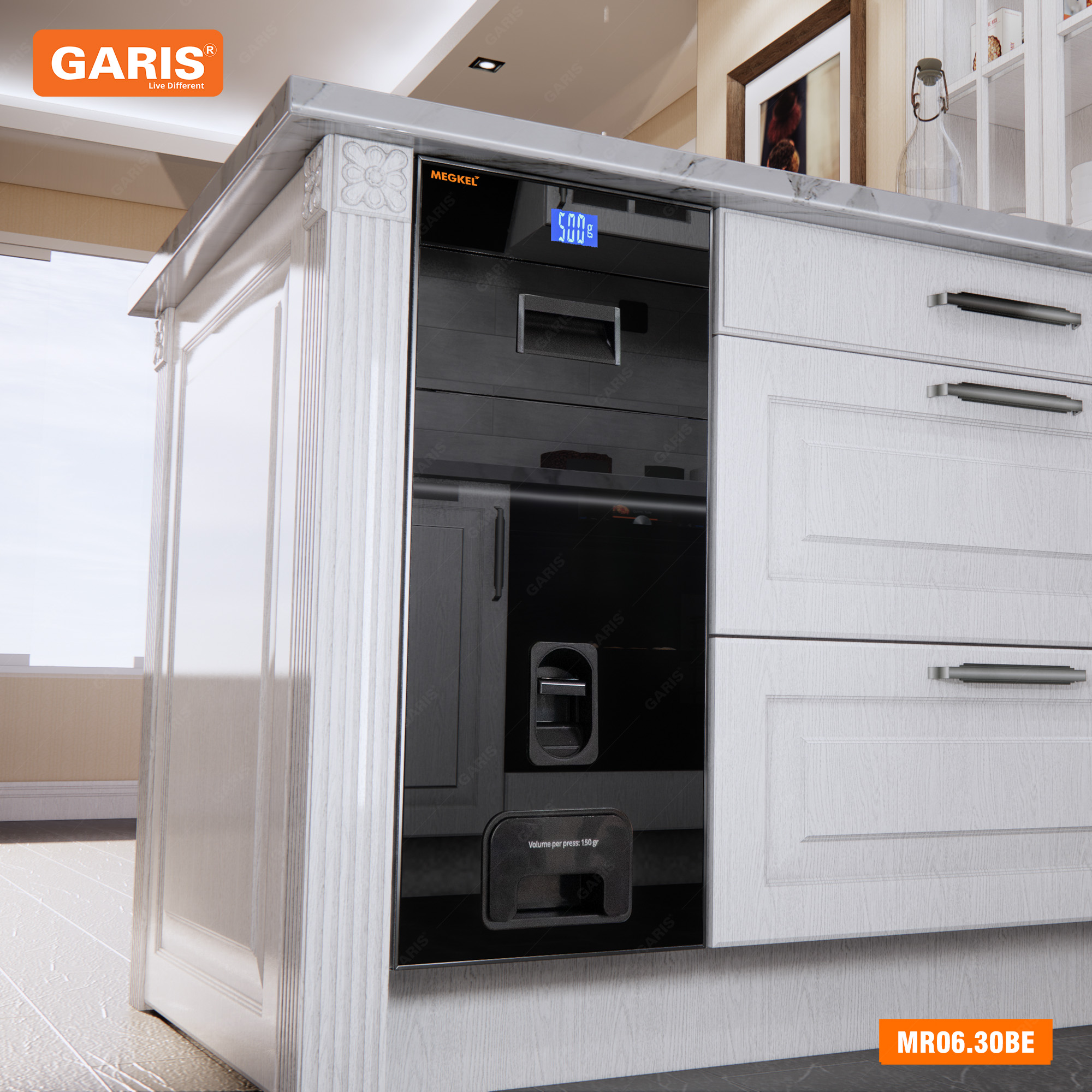 Thùng gạo mặt gương kính đen, điện tử Garis MR06.30E