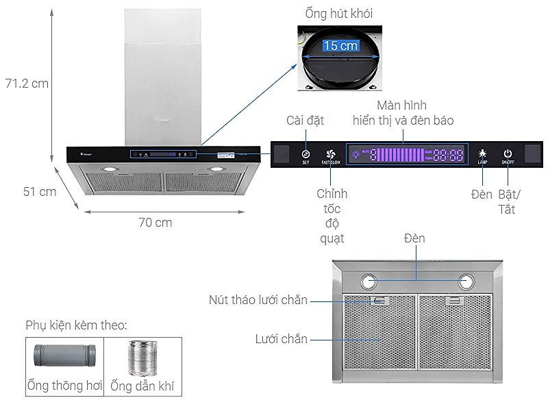 Máy hút khói kính ngang Pramie TT32-700 ( Điều khiển cảm ứng vẫy tay )