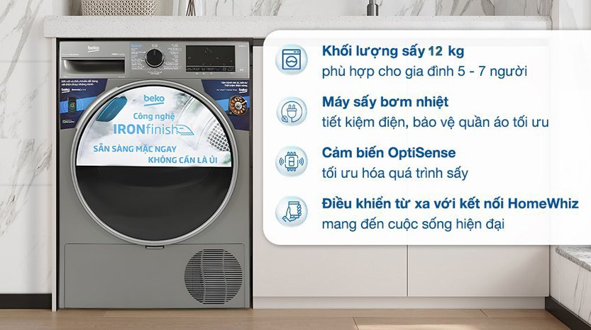 Máy sấy quần áo bơm nhiệt Beko 12kg - B5T66230WM