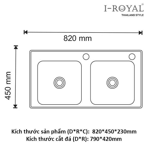 CHẬU RỬA CHÉN I-ROYAL INOX 304 - 2 HỘC PHỦ NANO IR-8245C - NS