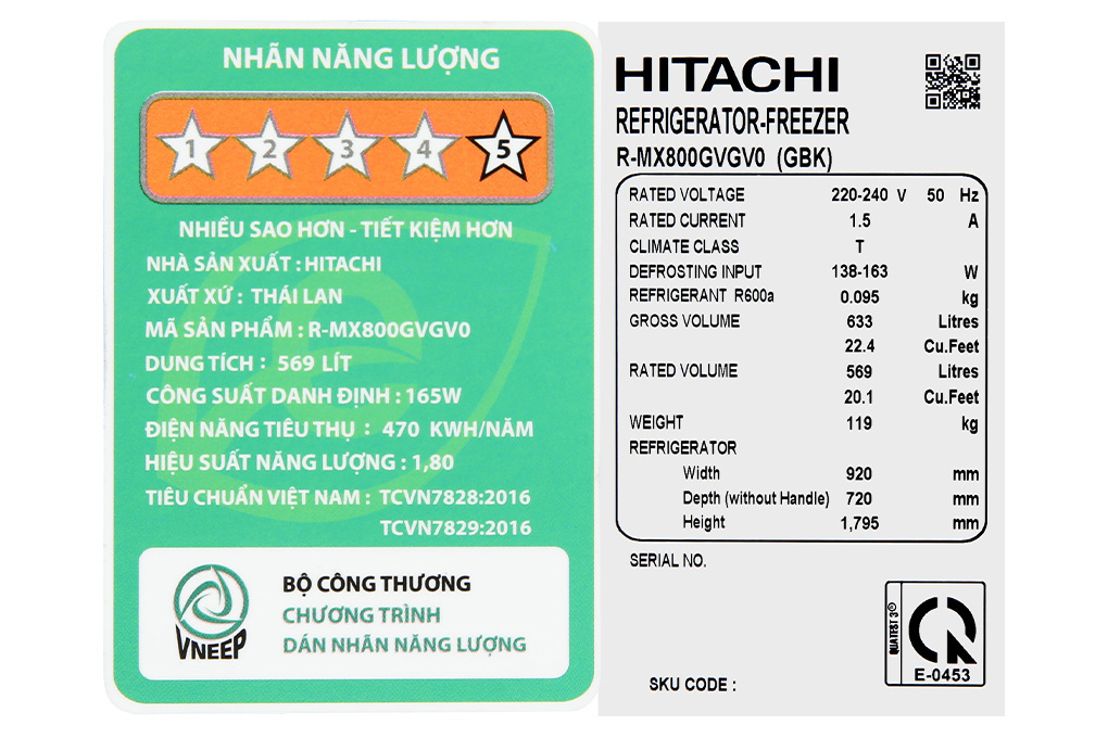 Tủ lạnh 3 cánh Hitachi R-MX800GVGV0 GBK