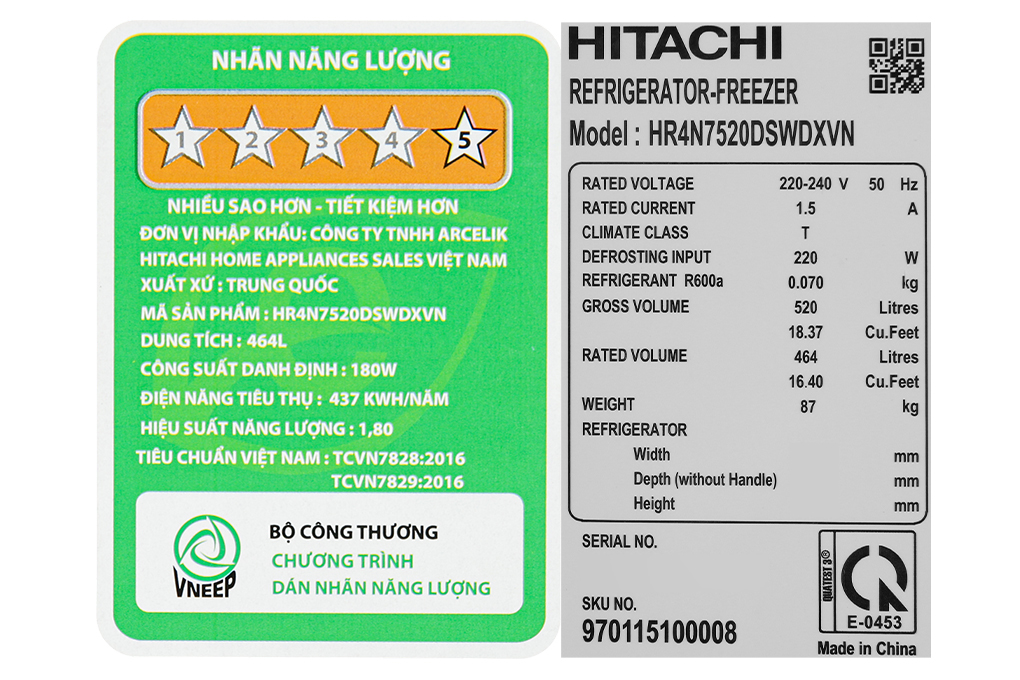 Tủ lạnh 4 cánh Hitachi HR4N7520DSWDXVN