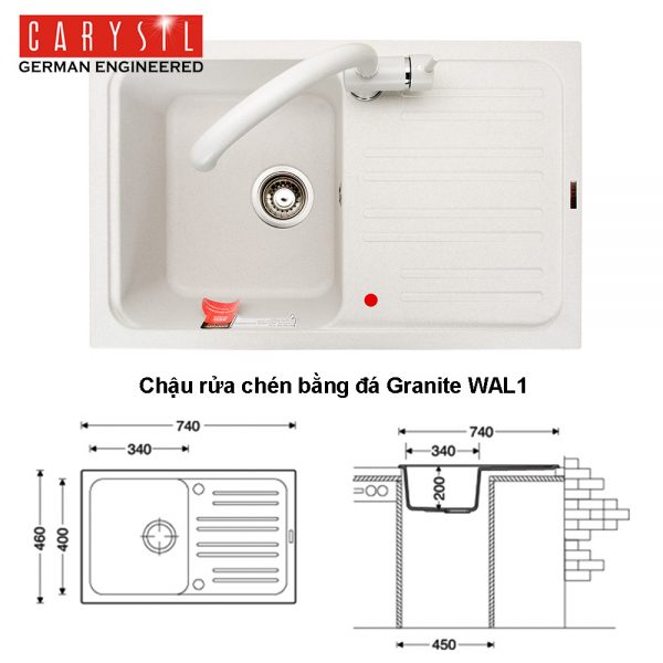 Bồn rửa bằng đá nhân tạo Waltz740 WAL1-10/Arena Xám tro