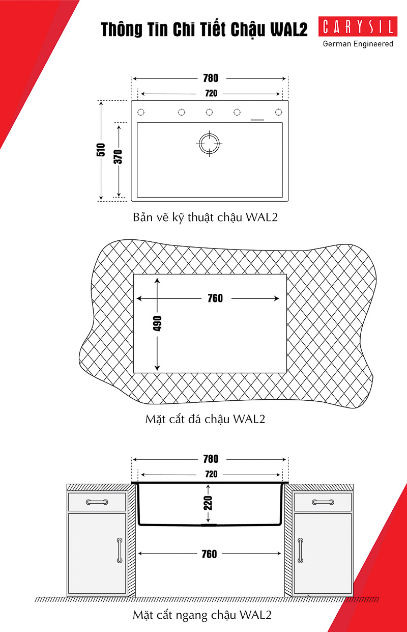 Bồn rửa bằng đá nhân tạo Waltz780 WAL3-03/Nera Đen