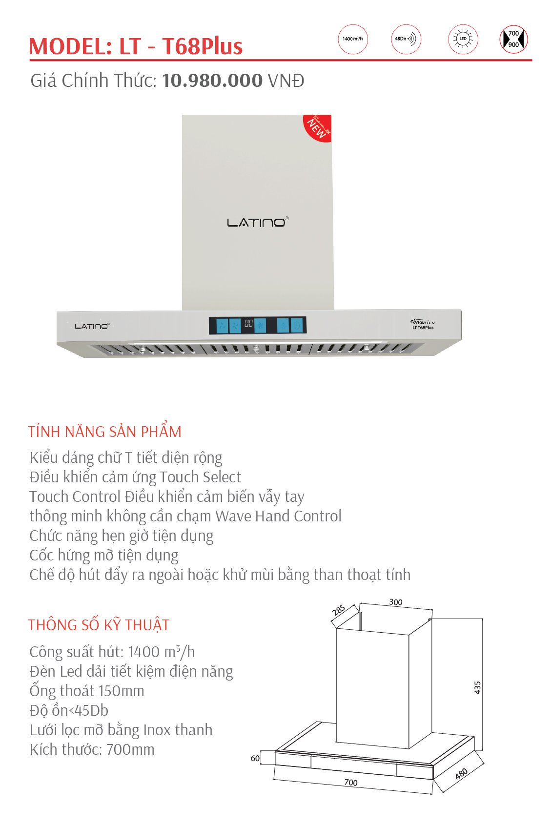 Máy hút khói, hút mùi kính ngang Latino LT-68Plus ( điều khiển cảm ứng vẫy tay)