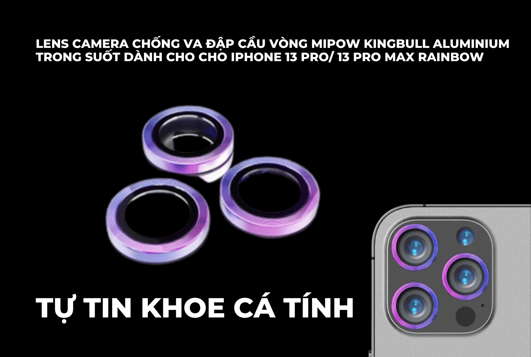 Lens camera chống va đập cầu vòng mipow kingbull aluminium trong suốt dành cho cho iPhone 13 pro/ 13 Pro Max Rainbow - Tự tin khoe cá tính