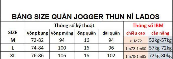 size quần jogger