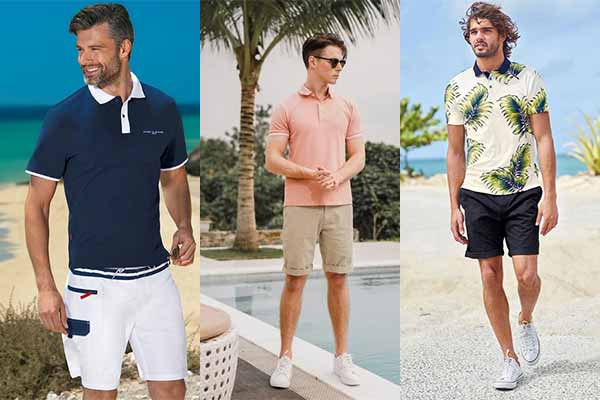 Style áo polo và quần đùi đi biển sáng màu