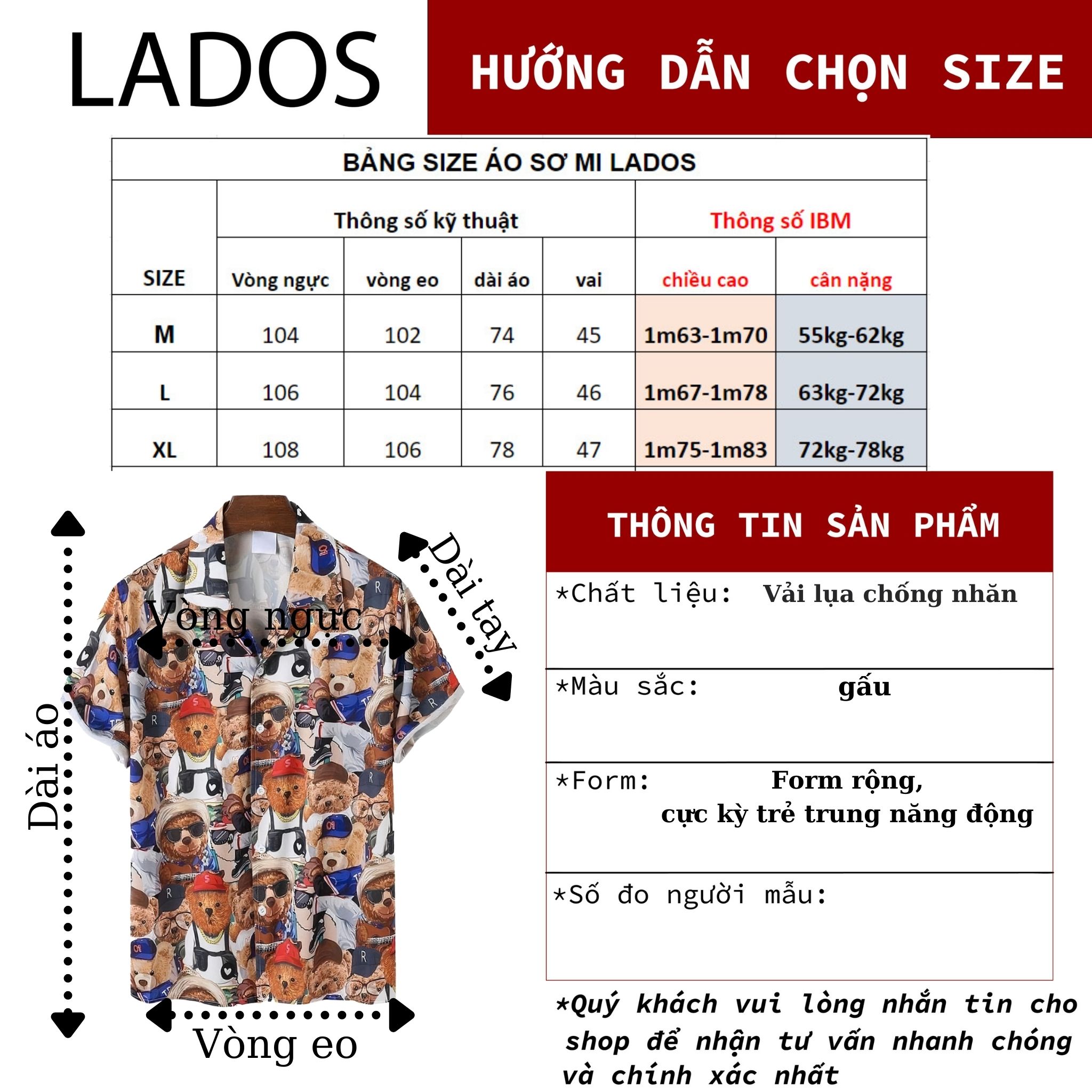 Áo sơ mi tay ngắn họa tiết gấu Teddy Lados - 8076