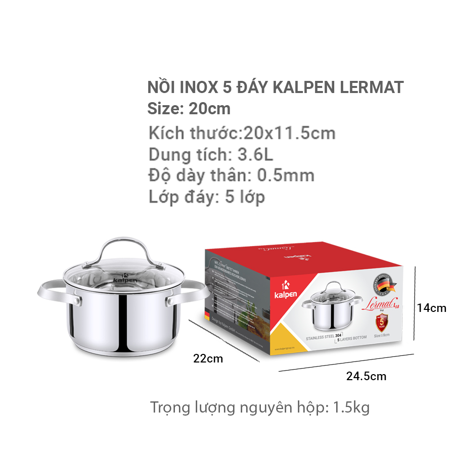 Nồi Inox 304 size 20 cm cao cấp 5 đáy Kalpen Lermat