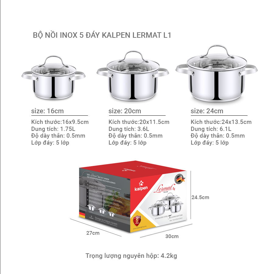Bộ Nồi Inox 304 Đáy 5 Lớp Lermat L1 Kalpen