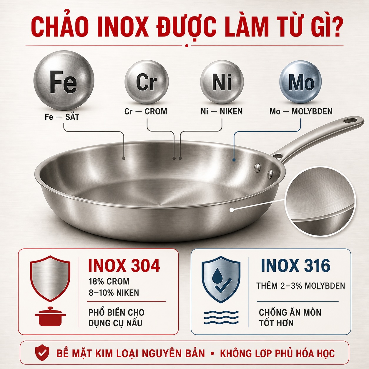 Cấu tạo chảo inox 304 và 316 an toàn cho sức khỏe
