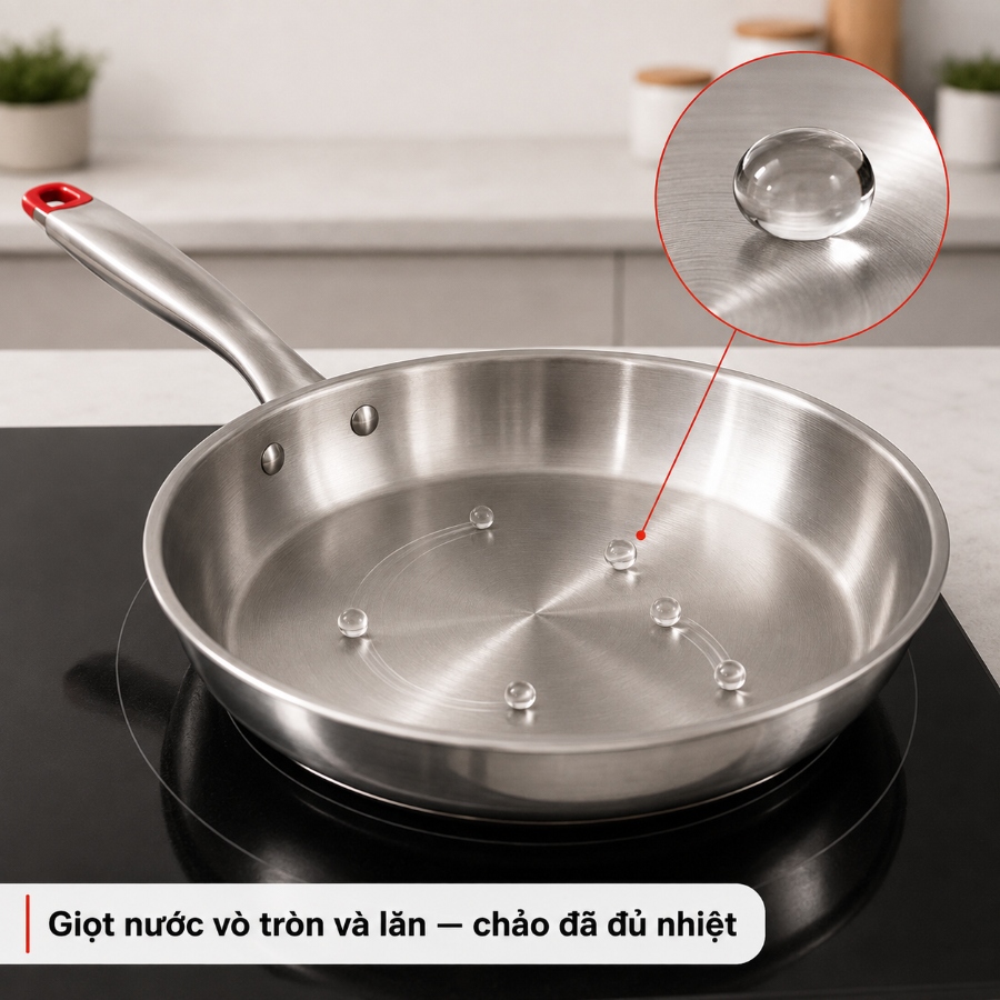 Kiểm tra nhiệt độ chảo inox bằng giọt nước theo hiệu ứng Leidenfrost