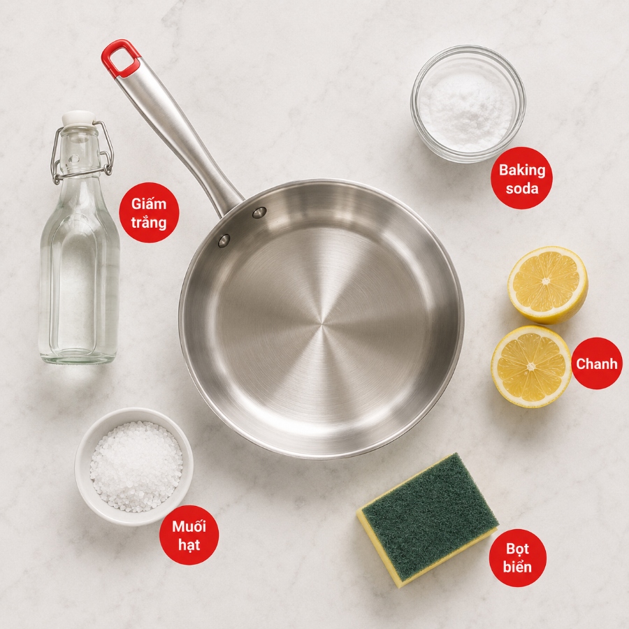 Làm sạch chảo inox bằng giấm, baking soda, chanh và muối