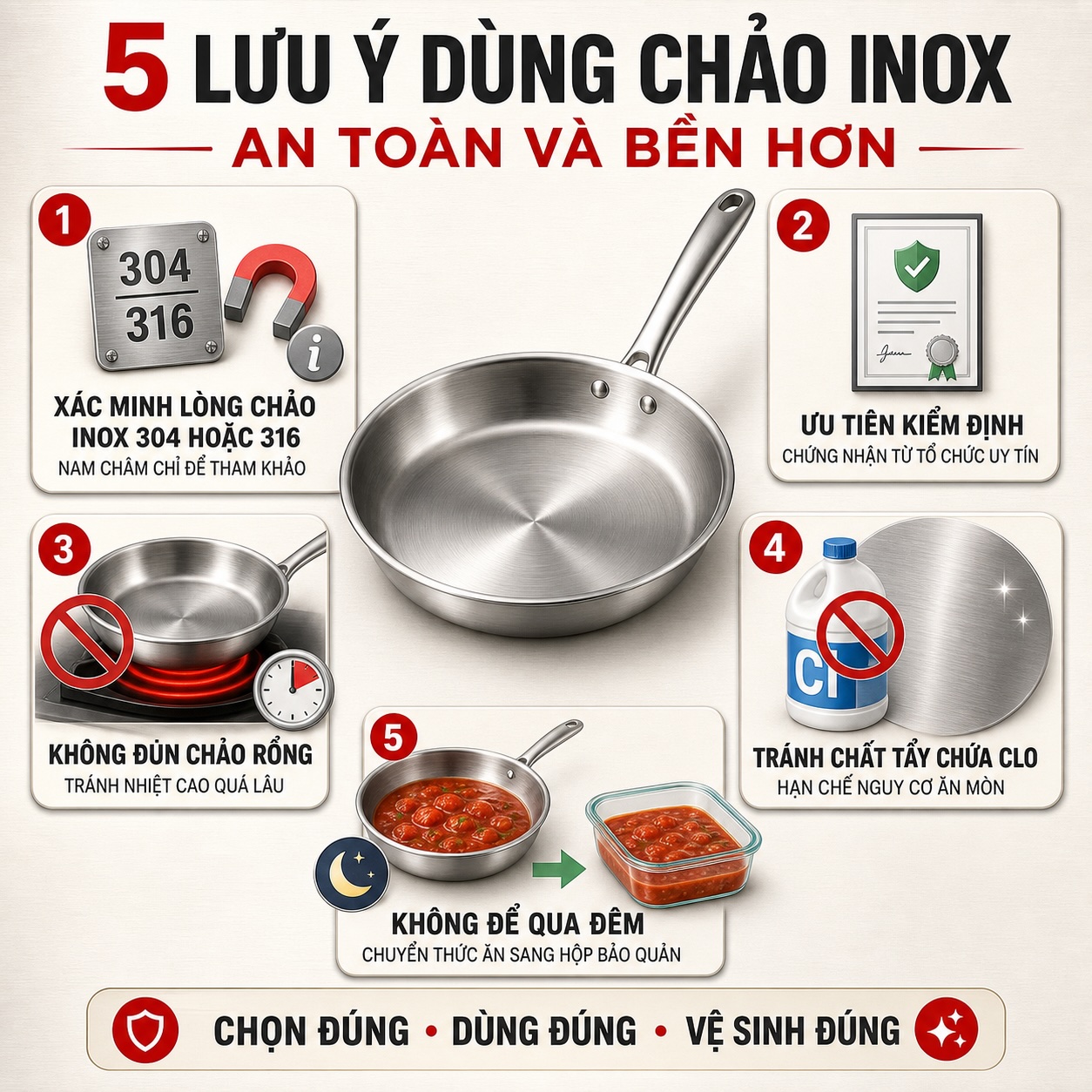 Lưu ý sử dụng chảo inox an toàn và bền lâu trong gian bếp
