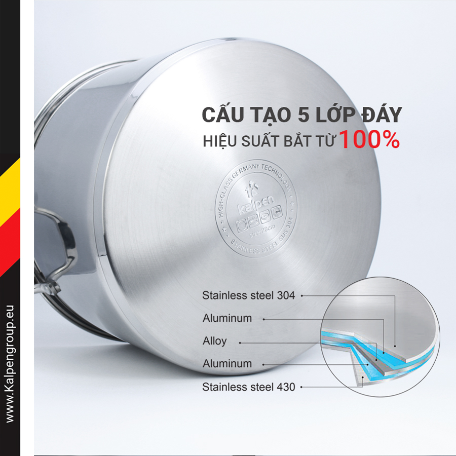 Nồi luộc gà inox 304 cao cấp 5 đáy Kalpen Size 28