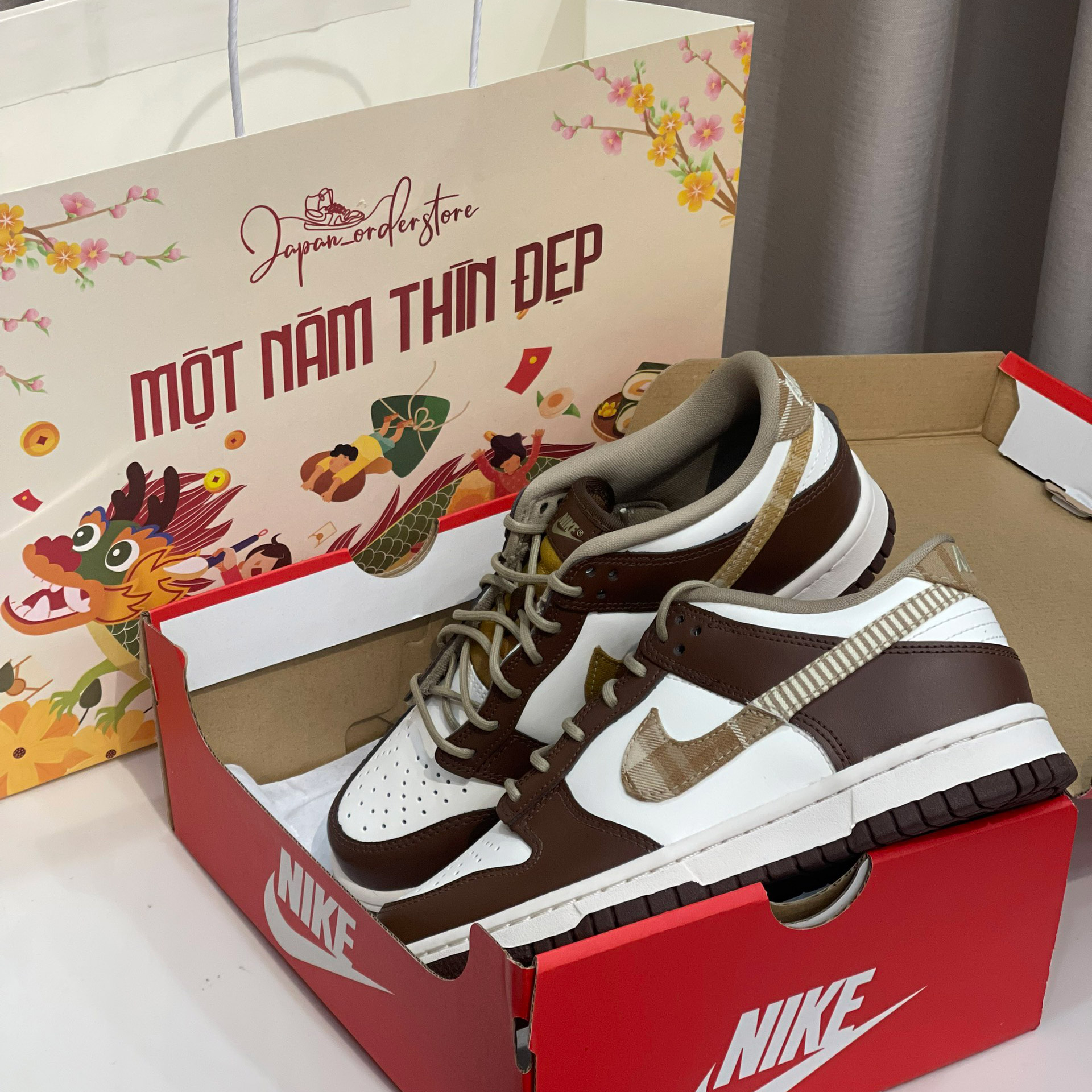 Giày Nike Dunk Low GS Plaid Brown Autumn FV3653-191